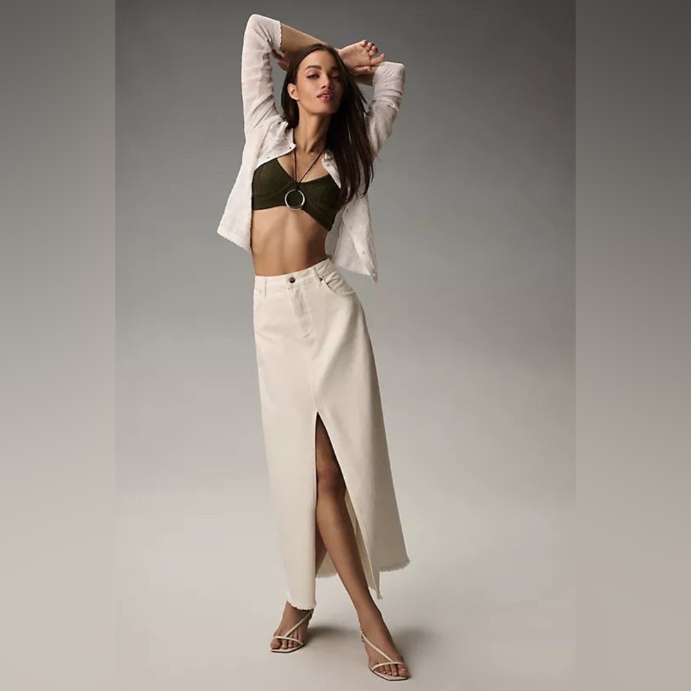 NWT Anthropologie 18W The Madi Front-Slit Denim Ivory White Skirt by Pilcro